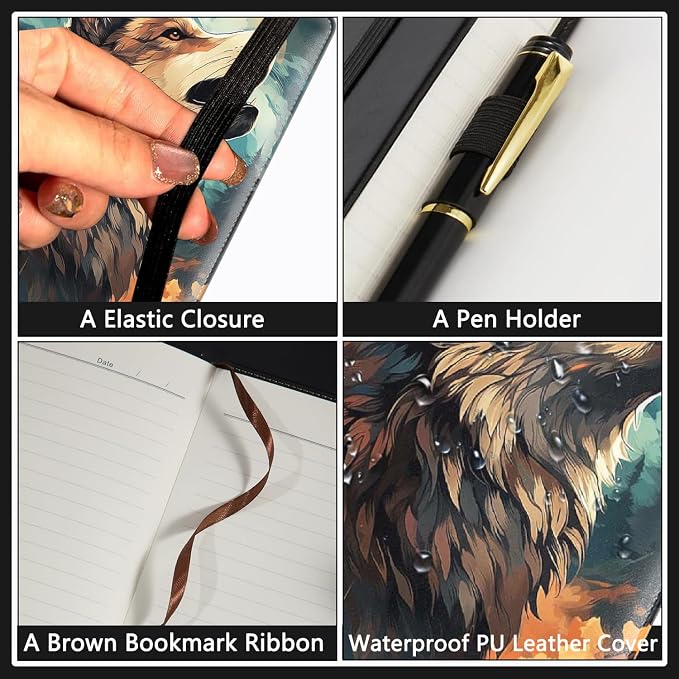 A5 Leather Lined Journal Notebook, 200 Pages Hardcover Executive Notebook for Men Women Office School Note Taking, Thick Writing Paper Daily Journal with Bookmarks/Indexes, Wolf