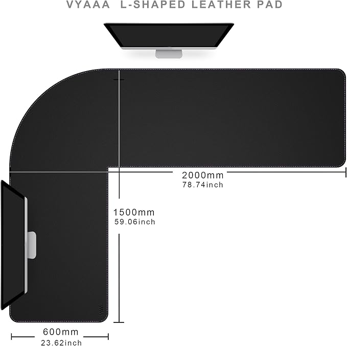 Vyaaa (59"+78.7") x 23.6" L Shaped Leather Desk Pad (Black), Dual-Sided Reversible PU Leather Desk Mat, Extra Large Mouse Pad, Compatible with L Shape Computer Desk for Home or Office