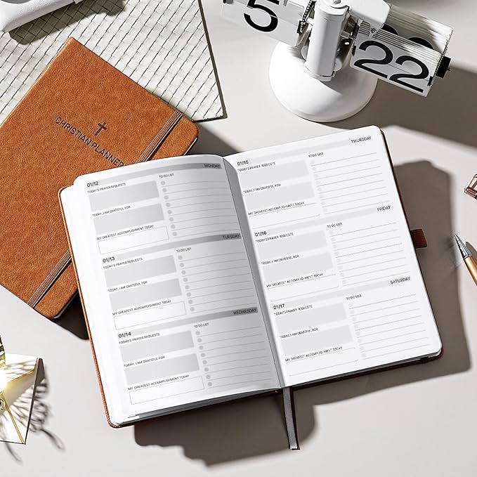 2027 Planner - Christian Planner 2027, JAN. 2027 - DEC. 2027, 5.7" x 8.4" | 2027 Weekly Monthly Planner with Stickers, Daily Bible Planner 2027, Pen Holder, Back Pocket, Leather Hardcover - Brown