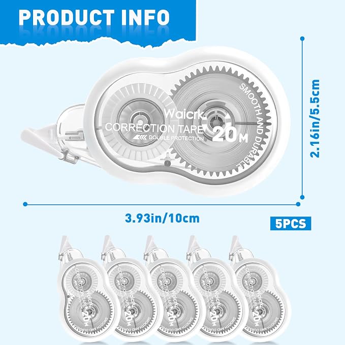 Correction Tape with Dispenser, 65.6ft, Tear-Resistant, Easy-to-Use Applicator, for Office or School, 5-Pack (5, White)
