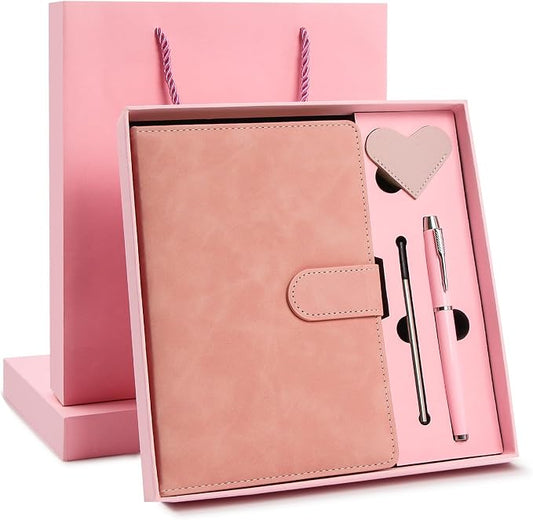 A5 Leather Journal for Women Men, Hardcover Notebook Set with Pen, Pink | 360 Pages 100GSM Lined Paper, Includes 6 Heart Bookmarks, Gift Box & Bag. Birthday, Graduation, Christmas, Appreciation Gifts