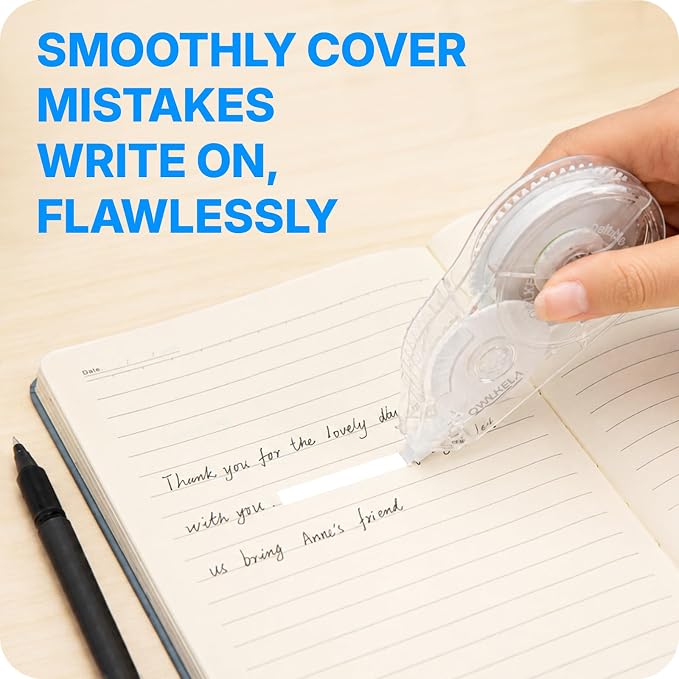 OWLKELA 2 Pack Plus Correction Tape, Tear-Resistant White Correction Tape, No Dry Time, Easy to Use, Office & School Supplies, 0.2 in Wide, 98.4 Ft, Clear