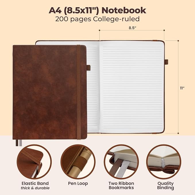 Classic Lined Journal Notebook 8.5x11" A4 Hardcover Leather - Brown | 200 Pages College Ruled Large with Sticky Tabs, Pockets, and Pen Loop for Writing and Journaling - Big Hardback Men and Women