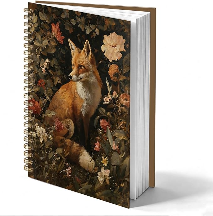 Vintage Floral Fox Journal Notebook 5.5x8.3, William Morris Inspired Wildlife Journal, Fox Gifts for Women, Dark Cottagecore Botanical Notebooks for Work