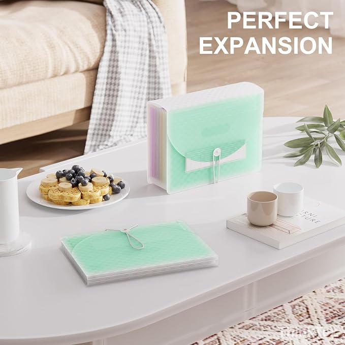 ThinkTex Accordion File Organizer, 12 - Pocket Expanding File Folders | for Receipts, Bills & Taxes Organizer, Letter/A4 Size Document Holder for School, Office, Home with Colorful tabs- Green
