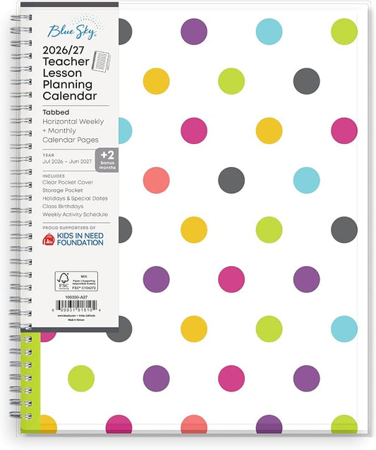 Blue Sky 2026-2027 Weekly & Monthly Academic Planner, 8.5"x11", Dots | July 2026 - June 2027, Clear Pocket Cover, Wirebound, Laminated Tabs, Storage Pocket, Academic Year, Teacher Lesson Planner