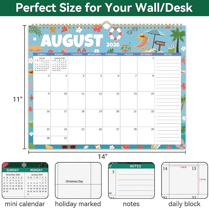 2026 Wall Calendar 12 Months, Wall Calendar from January 2026 to December 2026, Large Hanging Calendar with Thick Paper, Perfect for Home and Office Monthly Organizing & Planning, 14"x11", Seasonal