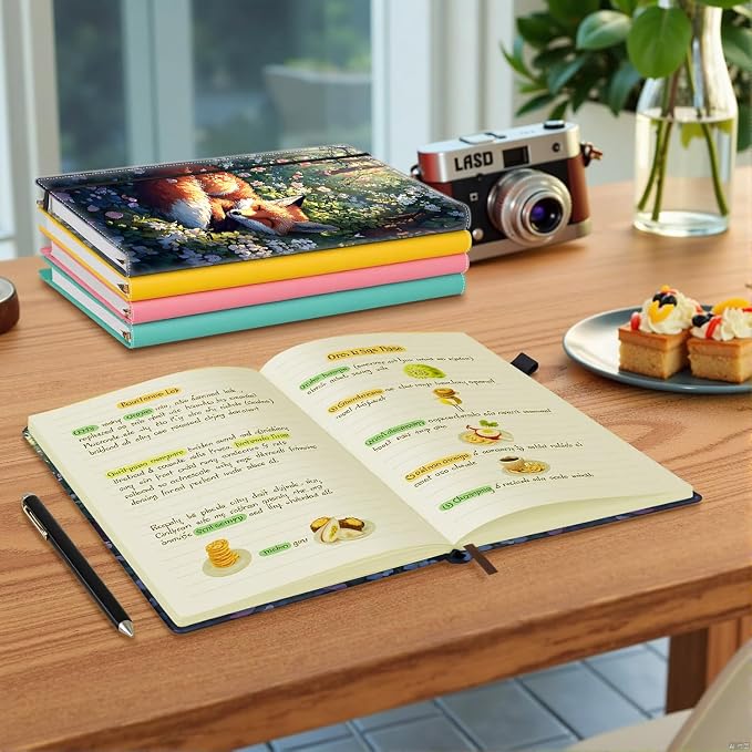 Hardcover Executive Notebooks, A5 PU Leather Lined Journal Notebook, 200 Pages Thick Paper Subject Notebooks for School,Work,Home Writing Business Notebook, Diary Book ，Cute Fox and Flowers