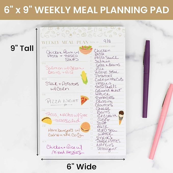 bloom daily planners Weekly Meal Planning Pad - Magnetic Hanging Refrigerator Menu Planner with Tear-Off Sheets & Perforated Grocery Shopping Lists - 6” x 9” - Modern Gold