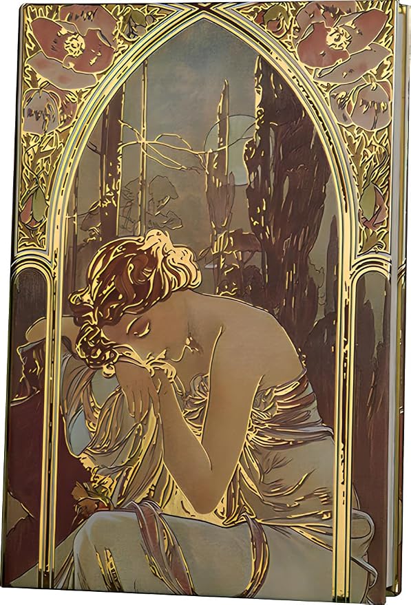Pretty Notebook, Cute Journal, Journal for Women, Hard Cover Journal Notebooks, 5x7 Small Beautiful Journal, Fancy Notebook, Alphonse Mucha Night's Rest, Gilded Aesthetic Notebook.