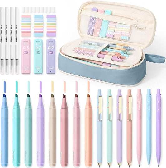 SUNEE 35PCS Aesthetic Stationery Set with Cute Pencil Case, Pastel Highlighters, Black Gel Pens, Mechanical Pencils & Refills, College School Supplies for Students Girls Blue