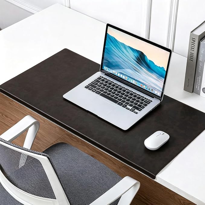 Edge-Locked Non-Slip Large Desk Pad with Edge Protector, Leather Office Laptop Mouse Mat Extended Table Protector, Desk Blotter for Writing Game Work Typing (Dark Coffee,23.6"x11.8")