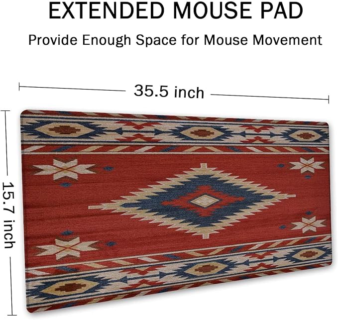 SSOIU Extended Gaming Mouse Pad (35.5x15.7 in), Large Stable Rubber Base Mousepad with Stitched Edges, Keyboard Mouse Mat Desk Pad for Work, Game, Office, Home - American Southwestern Tribal Pattern