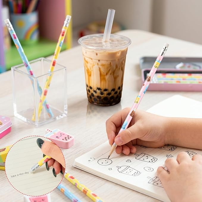 Xqumoi 60Pcs Bubble Tea Pencils with Eraser - Boba Milk Tea #2 HB Pencils, School Classroom Student Rewards Office Supply Holiday Gift Goodie Bag Fillers Stuffers Birthday Party Favors