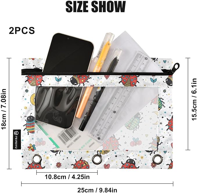 Emelivor Ladybugs Colorful White Pencil Pouch for 3 Ring Binder 2 Pack Binder Pencil Case with Clear Window Pencils Bags with Zipper for College Office Daily Supplies