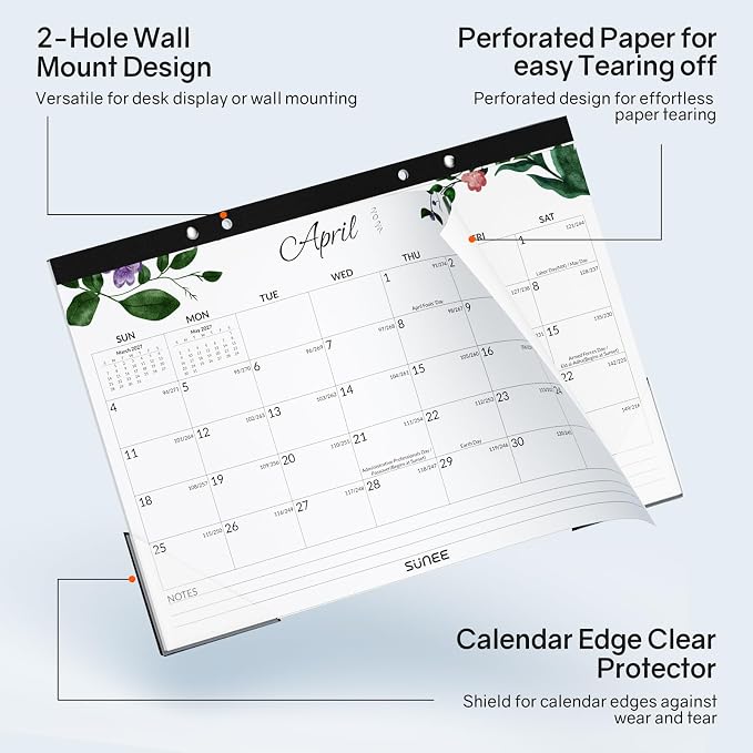 SUNEE Desk Calendar 2026-2027 17" x 12", 18 Month Calendar Jul. 2026 - Dec. 2027, Calendar 2026-2027 With Notes, for Planning, Organizing in Family, School or Office - Greenery