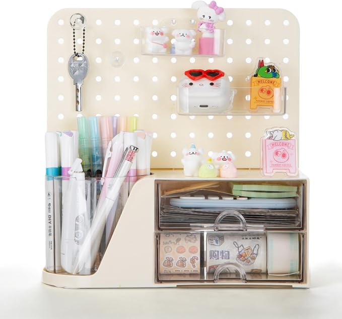 Comix Desk Organizer with Drawer, 360° Rotating Pen Holder for Desk, Pen Organizer with 5 Slots Pencil Holder+Pegboard+2 Drawer for Office Home Art Supplies (Beige)