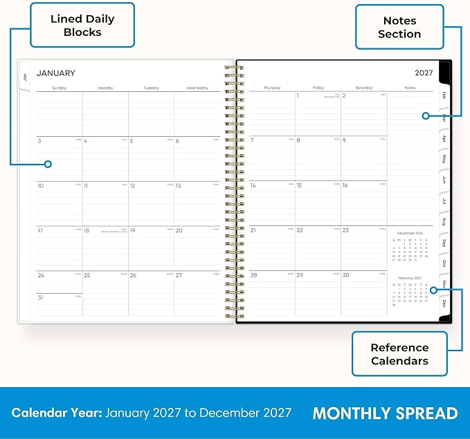 Blue Sky 2027 Weekly & Monthly Planner Calendar, 8.5"x11", Baccara Dark | January 2027 - December 2027, Clear Pocket Cover, Durable Twin Wire Binding, Laminated Tabs, Storage Pocket