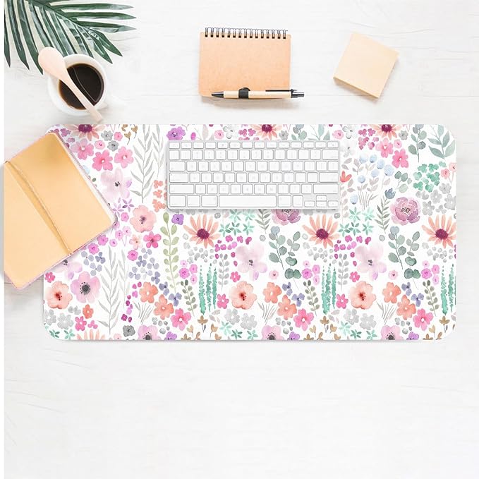 Flower Large Mouse Pad, Floral Desk Matt for Desktop, PU Leather Waterproof Desk Pad, Computer PC Laptop Protector Gaming Mouse Pads for Women Office Decor (27.5" x 13.8")