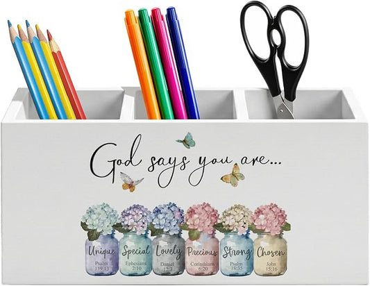 God Says You Are Hydrangea Christian Pen Holder for Home Office Desk, Christian Gifts for Women, Inspirational Flower Bible Verse Wooden Box Sign Pencil Holder for Desk Shelf Organizer