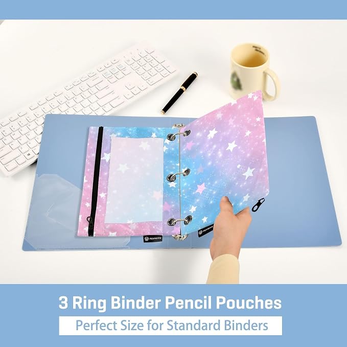 ALAZA Pencil Pouch for 3 Ring Binder, Star Pink Blue Sky Binder Pencil Pouches with Clear Window Zipper Pencil Case Cosmetic Bags for Office College Supplies, 2PCS