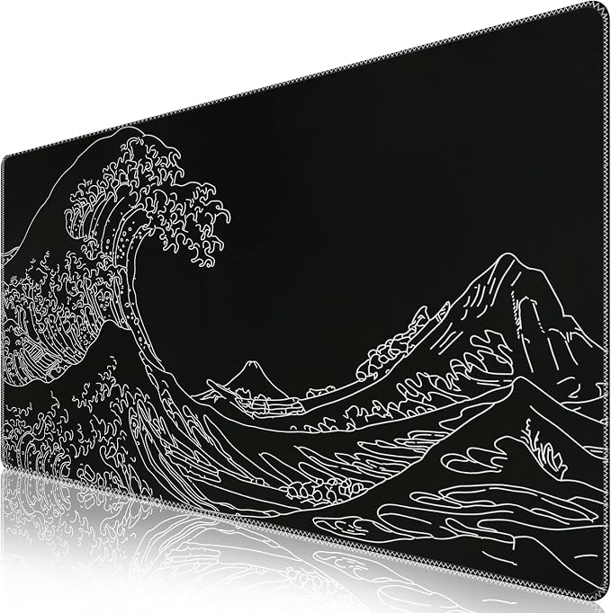 iCasso Mousepad, Gaming Mouse Pad, XXL Large Desk Mat, Big Rubber Base Mouse Mat with Stitched Edges, Computer Keyboard Desk Pad for Work, Game, Office, Home - Black Wave of Kanagawa