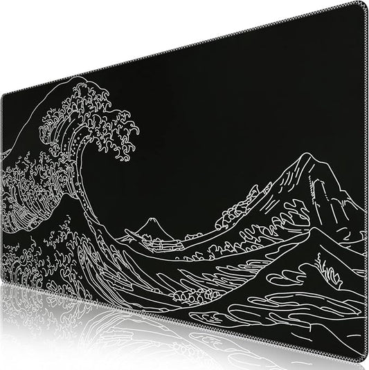 iCasso Mousepad, Gaming Mouse Pad, XXL Large Desk Mat, Big Rubber Base Mouse Mat with Stitched Edges, Computer Keyboard Desk Pad for Work, Game, Office, Home - Black Wave of Kanagawa