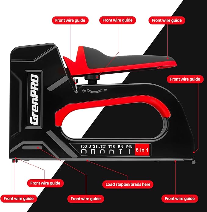 GRENPRO Staple Gun, 6-in-1 Manual Brad Nailer with 5000 Staples, Upholstery Stapler Gun for Wood, Carpentry, DIY Crafts, Furniture