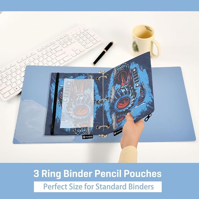 Racing Monster Truck Blue Cartoon Pencil Pouch for 3 Ring Binder 2 Pack Zipper Binder Pencil Bag Case with Clear Window Office Supplies