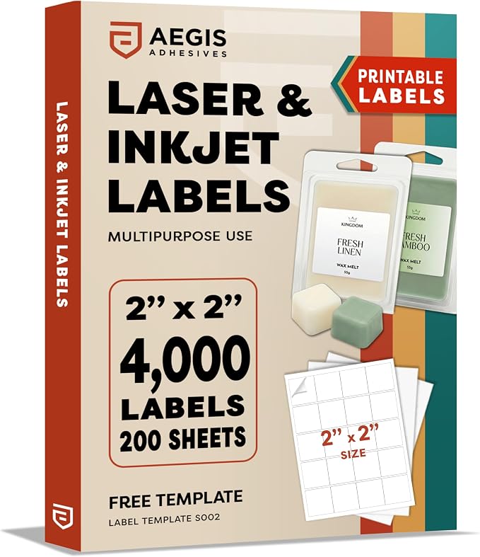 2x2 Inches Square Labels, Printable Custom Labels, Business Logo Stickers, Small QR Codes for Laser & Inkjet Printers, Matte White - Aegis Adhesives Template S002 (200 Sheets, 4000 Stickers)