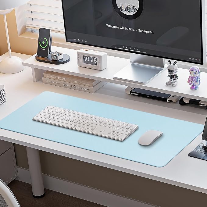 ‎Boutilon Leather Desk Pad Protector,Non-Slip Mouse Pad,Laptop Desk Pad,Office Mouse Mat,Waterproof Leather Desk Blotter,Desk Writing Pad for Office and Home (M-Light Blue,30"x14")
