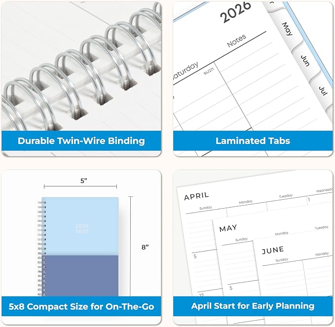 Blue Sky 2026-2027 Weekly & Monthly Academic Planner, 5"x8", Blues | 15-Month April 2026 - June 2027, Flexible Cover With Storage Pockets, Wirebound, Storage Pocket, Academic Year