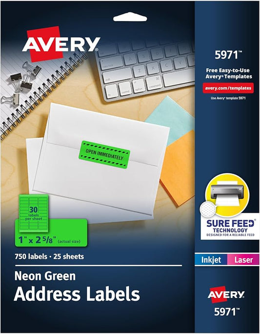 Avery Printable Address Labels, Sure Feed Technology, 1" x 2-5/8", Neon Green, Laser & Inkjet Compatible, 750 Blank Labels Total, Great for Branding, Mailing, Organizing, and More (5971)