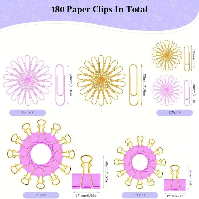 Cute Paper Clips Binder Clips Combo Set, 180 Psc, Assorted Size Paper Clips for Office, Cute Office Supplies Set,Purple