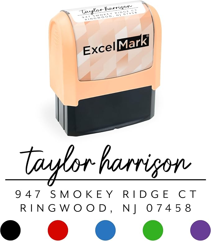 ExcelMark Address Stamp - Custom Return Address Stamp with Elegant Designs, Vibrant Colors & Patterns – Perfect for Mail, Invitations & Gifts (Peach, Metro Line)
