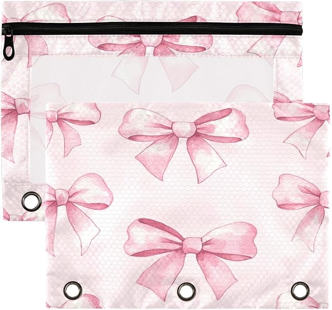 Pink Bows (1) Pencil Pouch Fits standard 3-ring binders, Zipper Binder Pencil Bag with Clear Window for Office 2 Pack