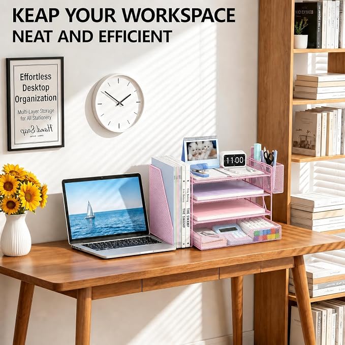 OPNICE Desk Organizer, 4-Tier Desktop File Organizer with Drawer and Pen Holders, Office Desk Accessories, File Sorters, Workspace Organizers for Office Supplies(Pink)