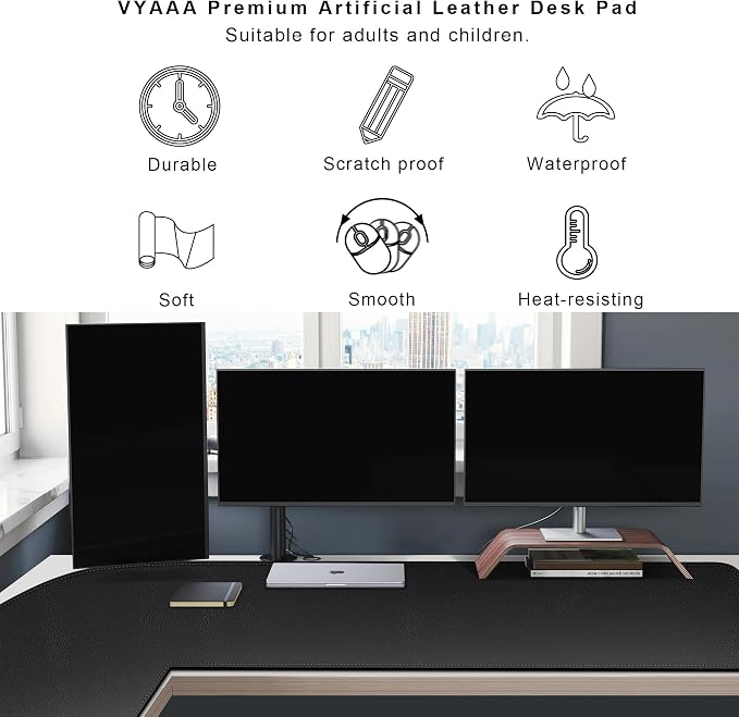 Vyaaa L Shaped Leather Desk Pad, 59" x 59" x 19.6" Large PU Leather Corner Desk Mat for Computer, Gaming, Writing, Home and Office（ Black）