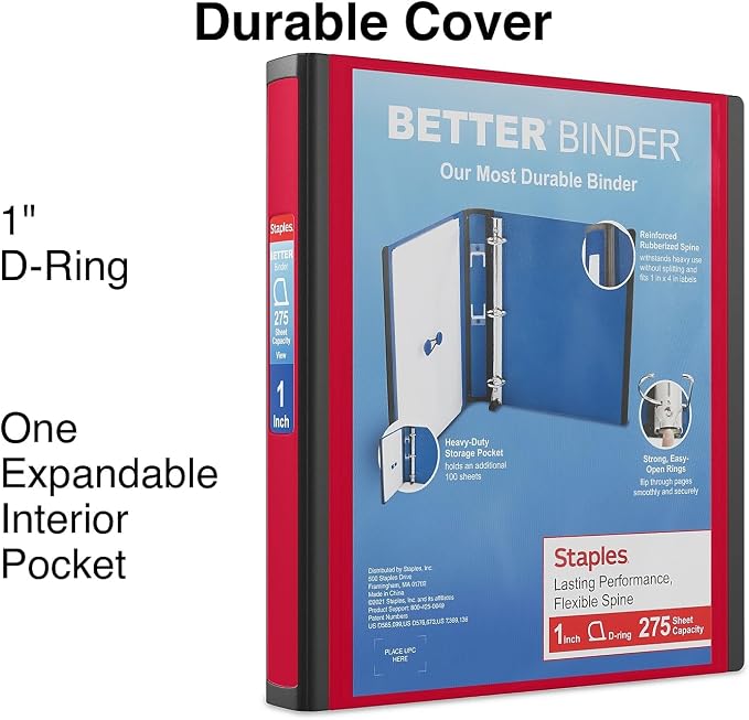 Staples 1-Inch 3-Ring Better Binder, Durable View Binder for Office & School Organization, Red, 3-Pack