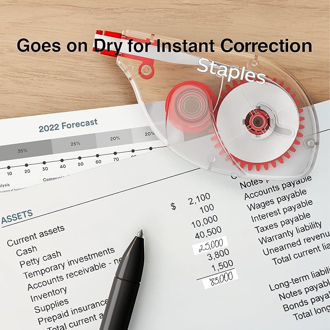 STAPLES Correction Tape, Easy Sidewinder Applicator for Instant Corrections, 6-Pack, White
