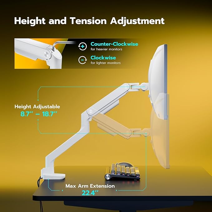 ARES WING Ultrawide Monitor Arm with USB for 17 to 49 Inch Screen, White | Pro Gas Spring, Full Range of Motion, for 75/100 Vesa Mount, for Samsung, LG Curved/Flat Monitor, Easy Install, Hold 44lbs