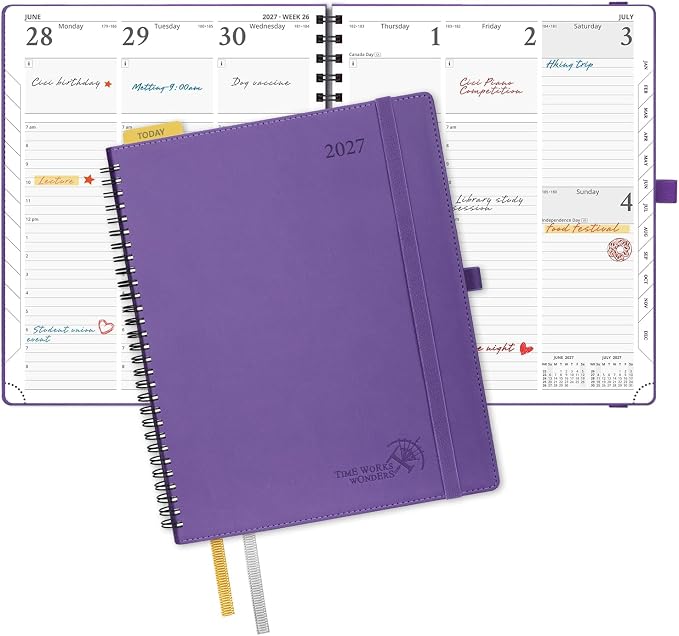 POPRUN 2027 Planner, 8.5'' x 10.5'', Weekly and Monthly Daily Calendar Book | 2027 Agenda(Jan - Dec) Appointment Book with Hourly Time Slots, Monthly Tabs, 100GSM, Spiral Leather Cover - Purple