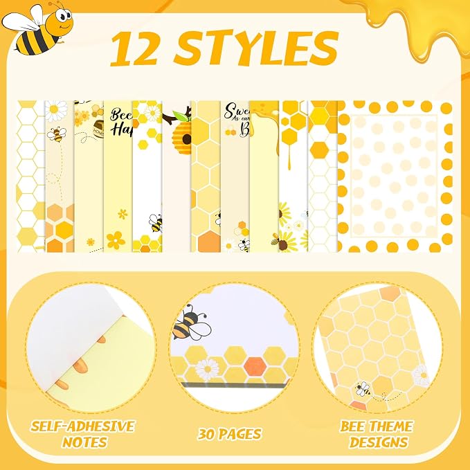 Chiisong 12 Pieces Bee Sticky Notes Bee Notepads Gifts 3x4 Inch Adhesive Honey Memo Notes for Women to Do List for Memo Reminder List for Office Home Supplies Teachers Gift