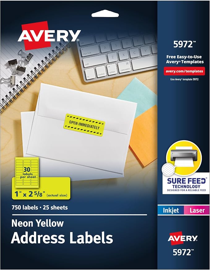Avery Printable Address Labels, Sure Feed Technology, 1" x 2-5/8", Neon Yellow, Laser & Inkjet Compatible, 750 Blank Labels Total, Great for Branding, Mailing, Organizing, and More (5972)