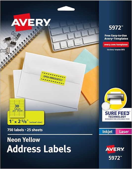Avery Printable Address Labels, Sure Feed Technology, 1" x 2-5/8", Neon Yellow, Laser & Inkjet Compatible, 750 Blank Labels Total, Great for Branding, Mailing, Organizing, and More (5972)