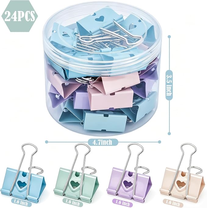 BAYTORY 24Pcs Pastel Binder Clips, 1.6 Inch (41 mm) Large Binder Clips | with Clear Storage Container, Paper Clamps for School Teachers Office Supplies (41mm)