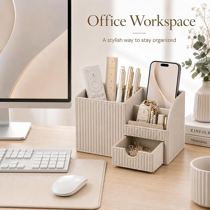 KINGFOM Luxury PU Leather Desk Organizer with Drawer, Modern Aesthetic Office Desk Accessories for Men & Women, Multi-Compartment Pen Holder & Desktop Storage Organizer for Home Office