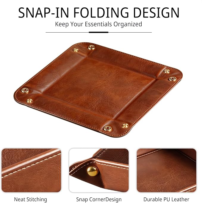 YAPISHI Light Luxury Valet Tray for Men, PU Leather Vanity Jewelry Tray & Decorative Perfume Catchall, Folding Travel EDC Dump Tray, Nightstand Organizer Caddy for Keys, Watches, Coin Bowl Dish