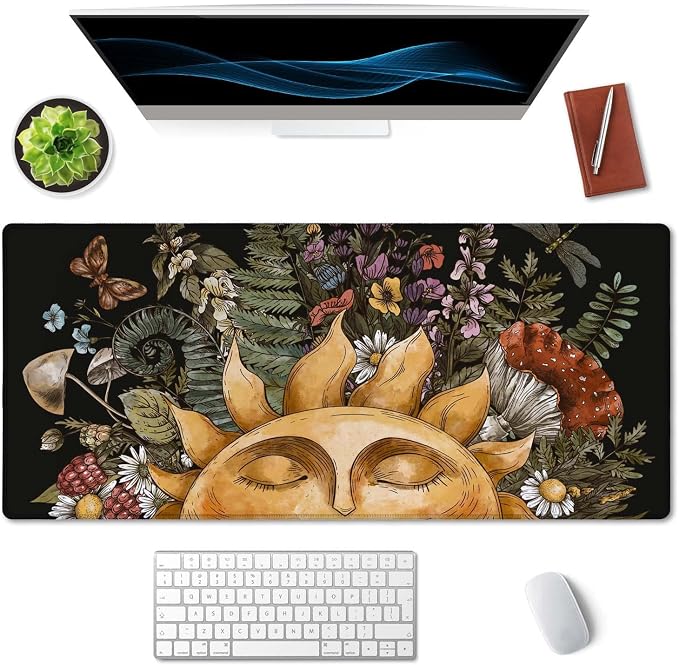 SSOIU Vintage Sun with Woodland Treasures, Amanita Mushroom, Fern, Forest Plants Sun Forest Woodland Nature Mushroom Wild Foraging Green Witch Desk Mat, Extended Mouse Pad, XXL Gaming Desk 35.5"x15.7"