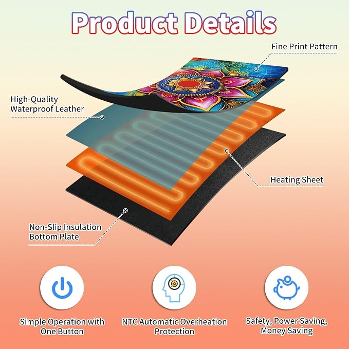 Heated Desk Pad Large Mouse Pad 23.6 x 14.1 inch with 3 Levels Heating & Auto Shut-Off Warm Mouse pad PU Leather Computer Mousepad for Home Office Work - Colorful Lotus Flowers
